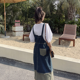 假两件牛仔背带裙女夏2025法式复古轻熟风荷叶边拼接中长款鱼尾裙，女装连衣裙，艾青服饰