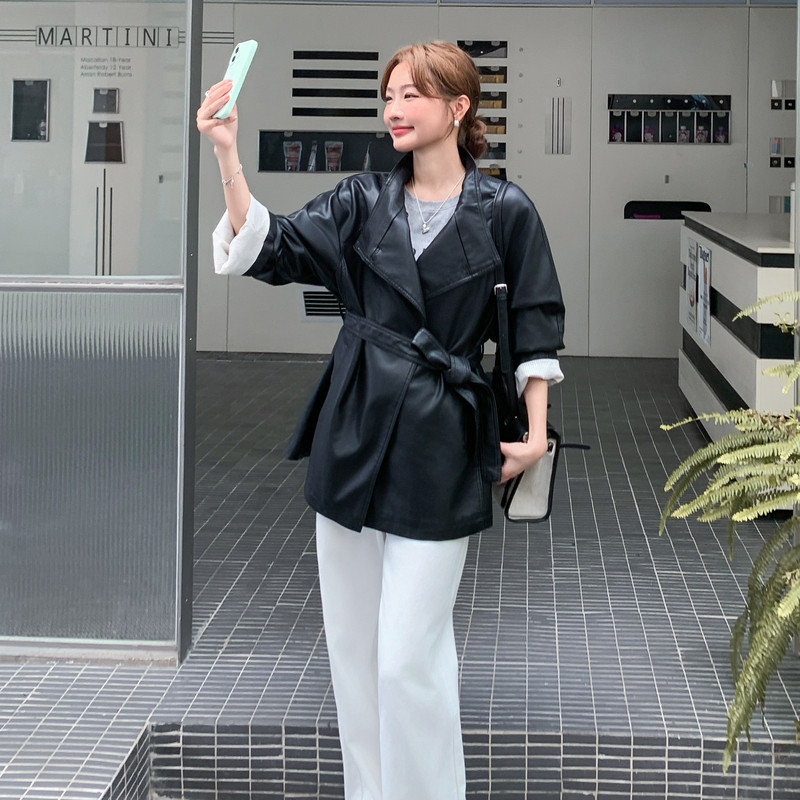【】现货2025秋新款风衣式宽松皮衣外套1536625P150K218,女装皮衣,艾青服饰