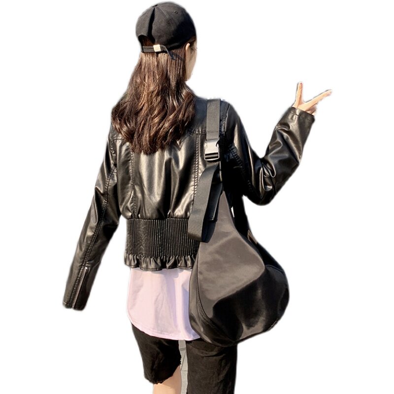 现货显瘦机车皮衣女春秋百搭外套短款皮夹克潮290266P125控188,女装皮衣,艾青服饰