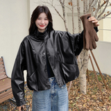 现货加绒秋冬新款宽松皮衣外套1536646薄145K198绒165K238，女装皮衣，艾青服饰