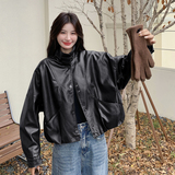 现货加绒秋冬新款宽松皮衣外套6646薄145加绒165K258，女装皮衣，艾青服饰