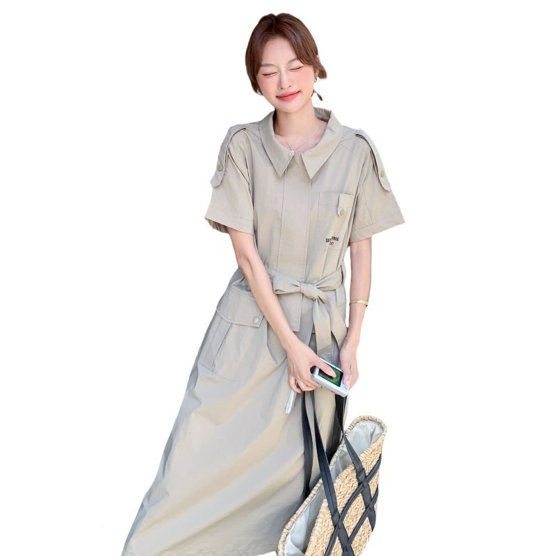 卡其色工装风连衣裙女2025夏季新款韩版简约气质收腰显瘦a字长裙,女装连衣裙,艾青服饰