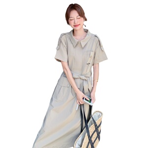 卡其色工装风连衣裙女2025夏季新款韩版简约气质收腰显瘦a字长裙图片