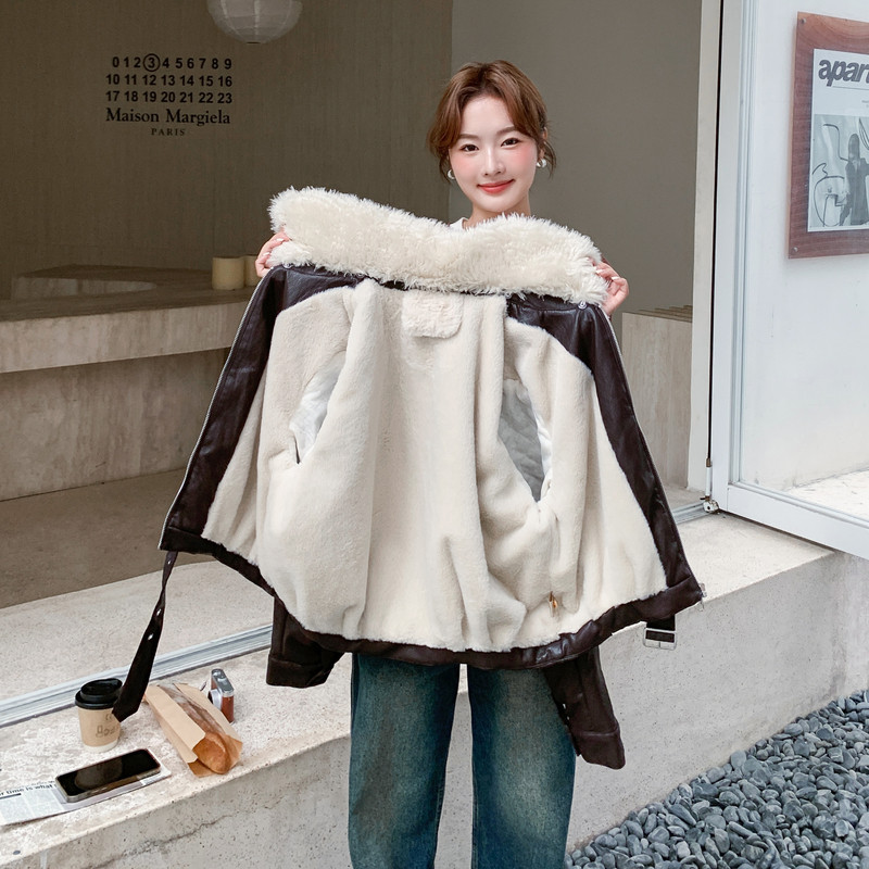 新款现货毛领可拆卸PU皮外套加绒保暖棉服潮1536649P175K248,女装皮衣,艾青服饰