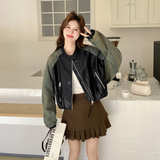 2026新款现货韩版牛仔拼接宽松皮衣外套1535212P170K278，女装皮衣，艾青服饰