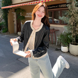 现货秋季新款拼色短款皮衣外套1532463P130K188，女装皮衣，艾青服饰