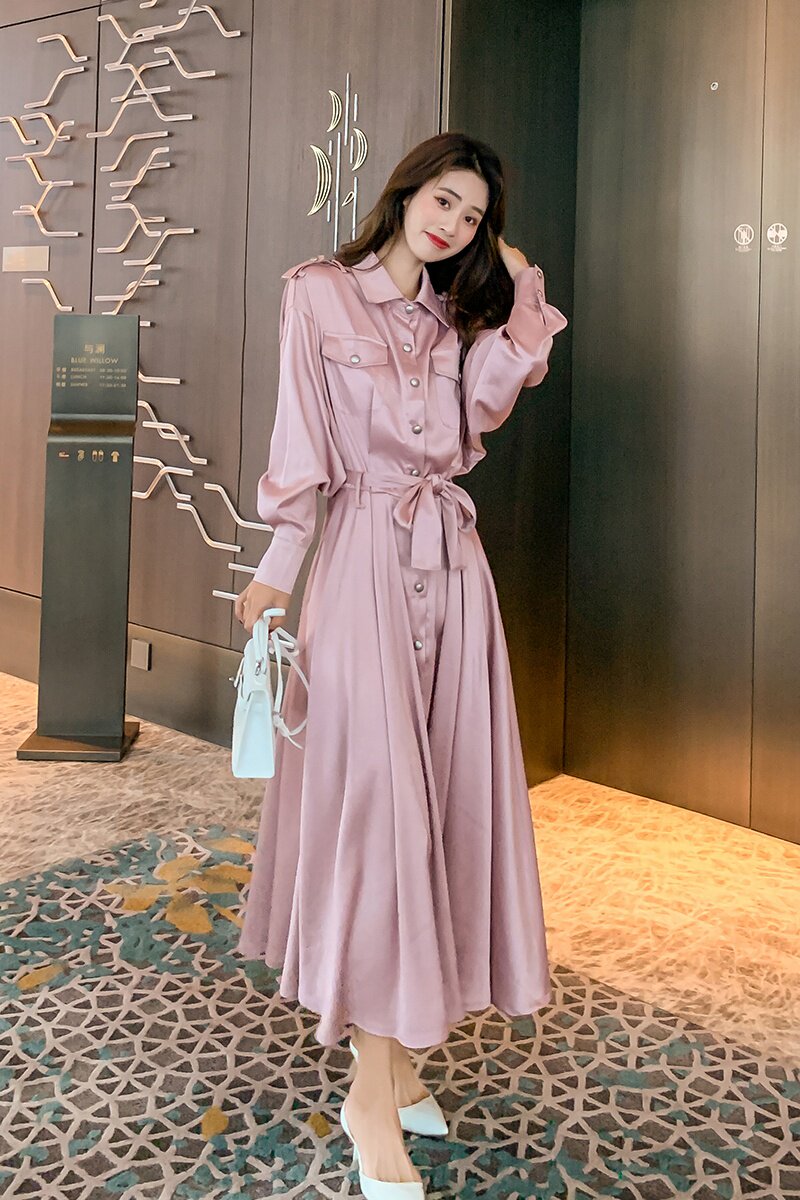 法式粉色衬衫连衣裙女春秋2025新款气质高级感长袖收腰仙女长裙子,女装连衣裙,艾青服饰