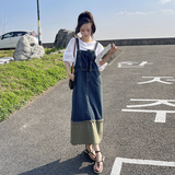 假两件牛仔背带裙女夏2025法式复古轻熟风荷叶边拼接中长款鱼尾裙，女装连衣裙，艾青服饰