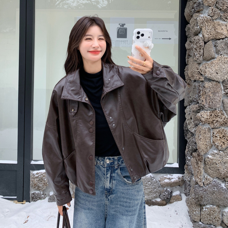 现货加绒秋冬新款宽松皮衣外套6646薄145加绒165K258，女装皮衣，艾青服饰