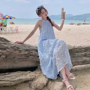  新款现货 仙气天丝提花吊带挂脖连衣裙153 2424P105K158图片