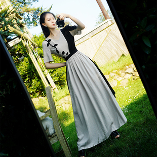 此岸歌声*原创-米灰拼黑幽雅手打花连衣裙 小石潭记(售完即止)