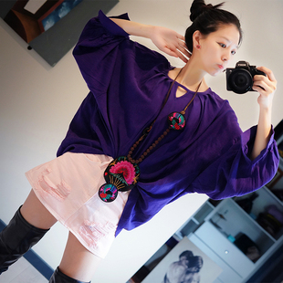 此岸歌声*原创设计店-紫色竹节麻宽松衫    内河