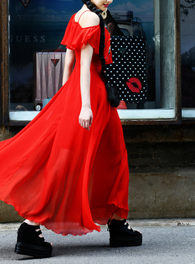 此岸歌声*原创设计店-红色树皮绉松桃绣吊带裙  颠张狂素