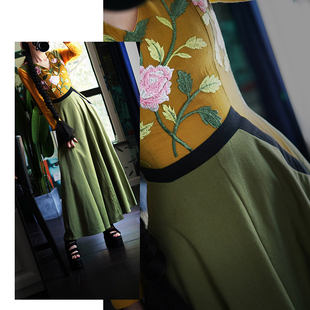 此岸歌声*原创设计店-黄拼军绿绣花连衣裙  苔藓玫瑰（小量）