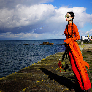 上衣 橘色长开衩裙式 残酷与温柔 原创设计店 此岸歌声