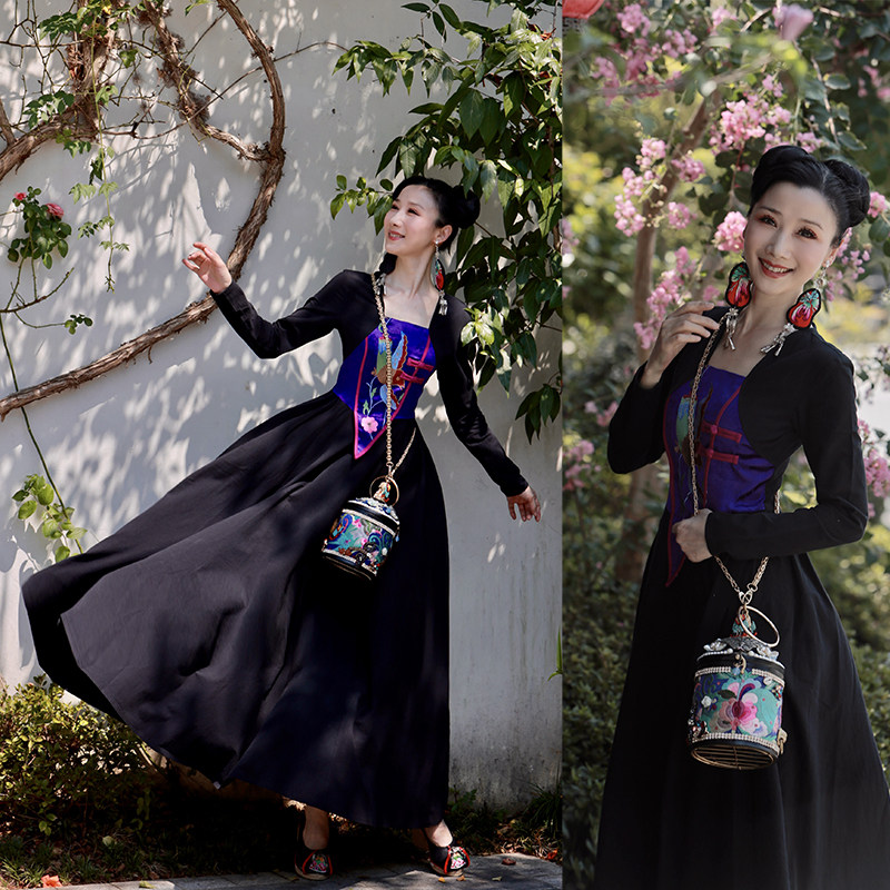 此岸歌声*原创-紫黑拼色早秋款绣花连衣裙 李子慢慢熟（售完即止