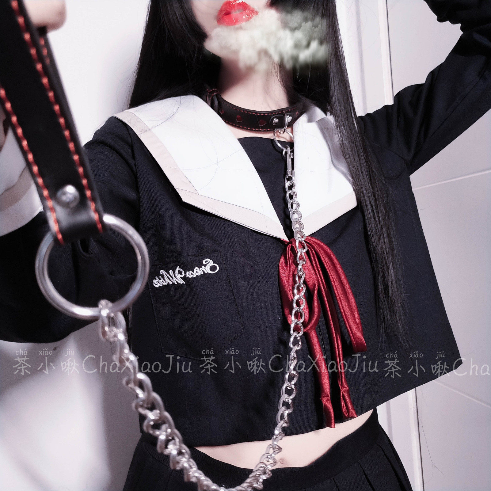 茶小啾项圈脖环饰品项链颈带cos爱心牵引绳女仆牵引链朋克PU项圈