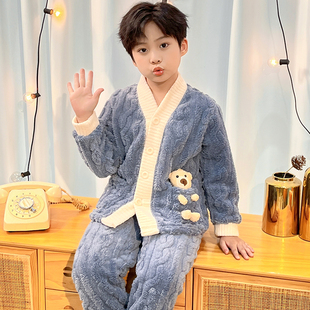 加绒加厚儿童睡衣套装春秋季新款女家居服珊瑚绒男童女童两件套