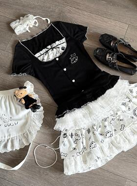 Ruibbit原创日系拼接短袖上衣蛋糕裙t恤夏洛丽塔套装少女两件套