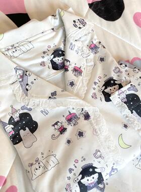 Ruibbit原创漫画印花睡衣春秋长袖套装家居服女白色蕾丝花边日系