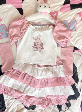 Ruibbit原创长毛兔粉印花可爱少女泡泡袖短款t恤女上衣短袖送袖套