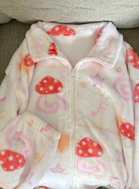 Ruibbit原创蘑菇白色印花睡衣法兰绒秋冬长袖睡衣套装家居服女ins