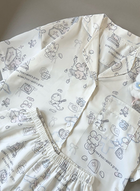 Ruibbit原创病栋小兔印花睡衣缎面春夏短袖套装家居服女冰丝宅萌