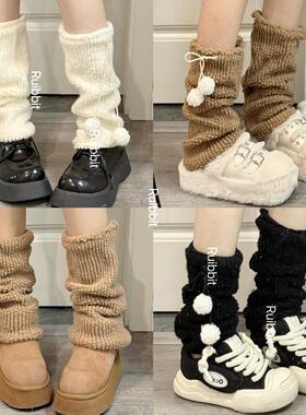 Ruibbit纯色羊羔毛绒毛球堆堆袜套女秋冬日系百搭加厚中筒亚文化