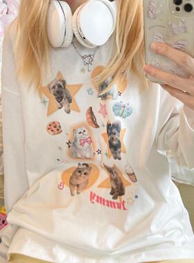 Ruibbit原创设计星星动物ins小众印花长袖白色t恤y2k女宽松圆领