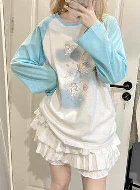 Ruibbit原创设计天使印花长袖插肩袖蓝色t恤少女百搭宽松