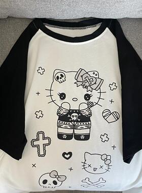 Ruibbit原创骷髅kitty印花拼接短袖宽松t恤夏休闲圆领二次元卡通