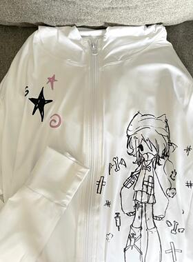 Ruibbit原创设计白色涂鸦防晒衣服外套连帽夏宽松长袖卡通可爱女
