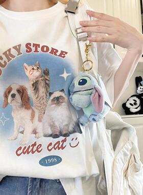 Ruibbit原创设计画报猫狗印花短袖t恤小动物复古纯棉夏女白色宽松