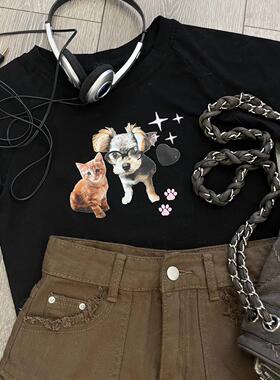 Ruibbit原创小狗印花短袖黑色t恤甜酷紧身短款辣妹女y2k圆领小众