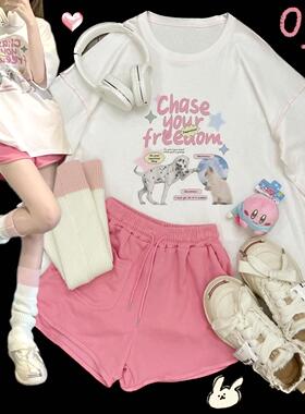 Ruibbit原创韩系动物短袖可爱印花白色t恤百搭宽松圆领女手绘小狗