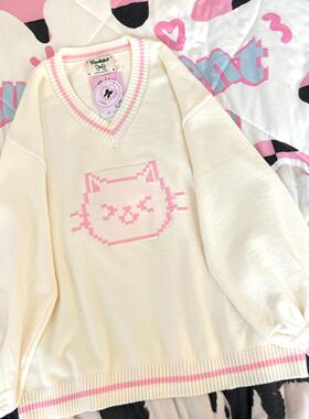 Ruibbit原创像素猫咪粉杏色毛衣v领灯笼袖二次元y2k亚文化长袖女