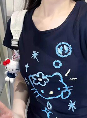 Ruibbit原创蓝色kitty涂鸦印花短袖t恤夏正肩纯棉女亚文化紧身