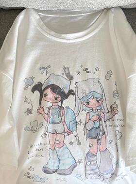 Ruibbit原创蓝色漫画感印花白色短袖宽松t恤夏休闲圆领纯棉少女