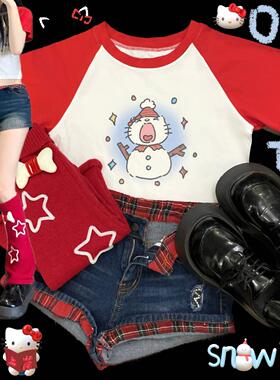 Ruibbit原创雪人kitty印花多巴胺穿搭红色拼接t恤短袖女y2k插肩袖