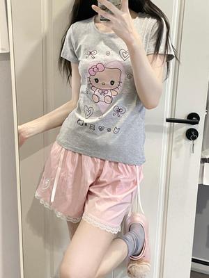 Ruibbit原创玩偶kitty印花短袖t恤夏修身正肩纯棉女亚文化宅灰色