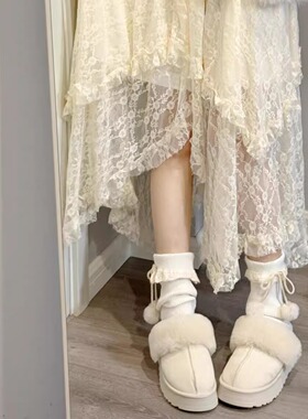 Ruibbit杏色蕾丝花边长裙不规则女半身裙日系甜美百搭法式复古