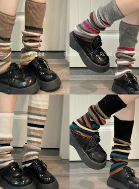 Ruibbit复古条纹堆堆袜套学院风少女亚文化小众保暖拼色针织腿套
