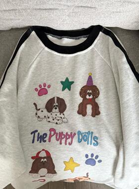 Ruibbit原创灰色涂鸦印花圆领卫衣条纹女休闲美式秋冬卡通纯棉ins