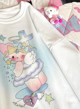 Ruibbit原创天使kitty卫衣白色印花亚文化圆领y2k女长袖宽松棉