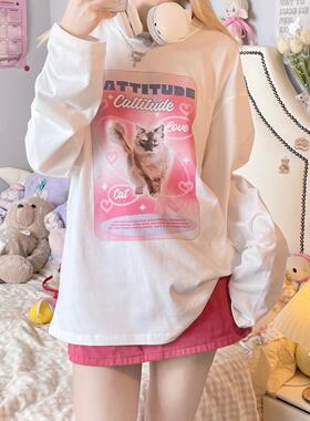 Ruibbit原创设计小猫的爱动物印花长袖白色t恤圆领甜妹ins韩风