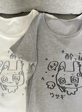 Ruibbit原创醉酒小兔印花短袖t恤夏修身正肩纯棉女亚文化宅日系