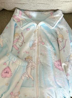 Ruibbit原创蓝色天使印花睡衣法兰绒秋冬长袖睡衣套装家居服女