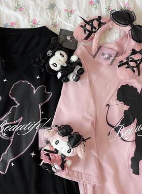 Ruibbit原创天使印花短袖t恤甜辣黑粉色闺蜜夏少女圆领宽松