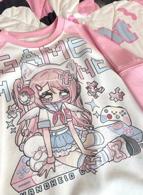 Ruibbit原创设计游戏少女宅萌长袖T恤粉色亚文化休闲宽松二次元