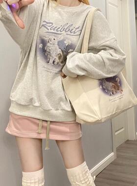 Ruibbit原创设计兔子卫衣动物印花美式复古灰色圆领女长袖冬日系